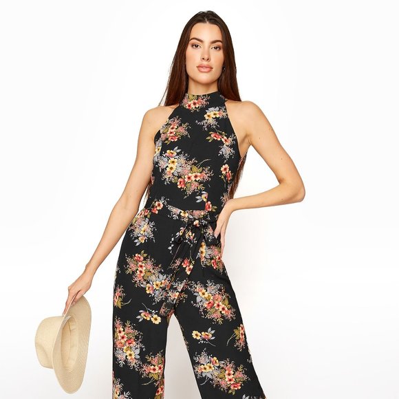 long tall sally Pants - TALL Black Floral Halterneck Split Leg Jumpsuit